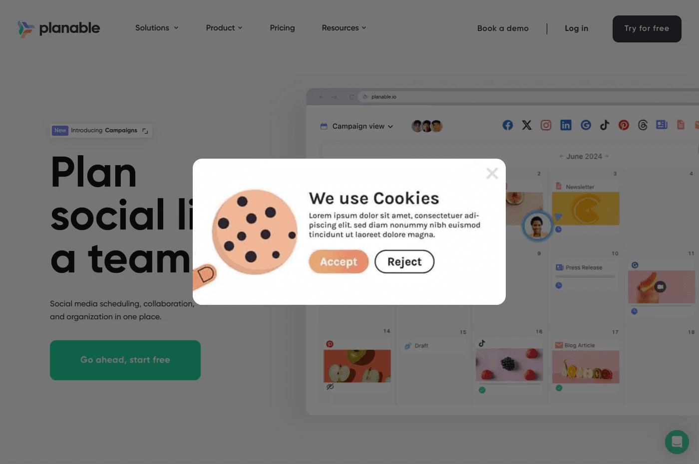 Website with popup and cookie banner