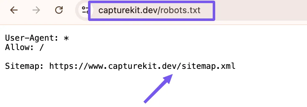 Robots.txt file showing sitemap location