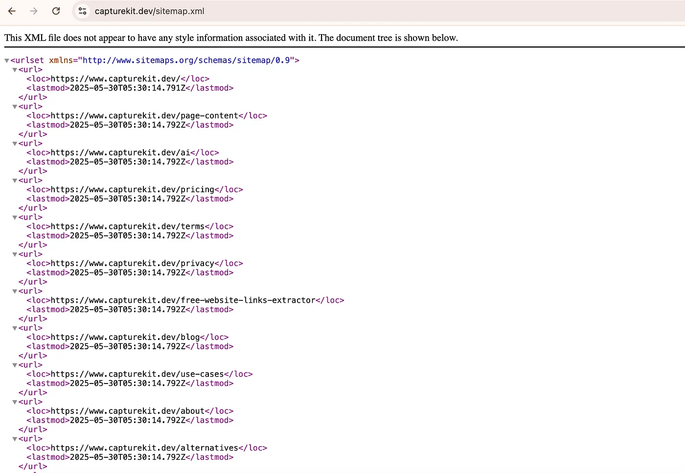 Sitemap XML content showing URLs