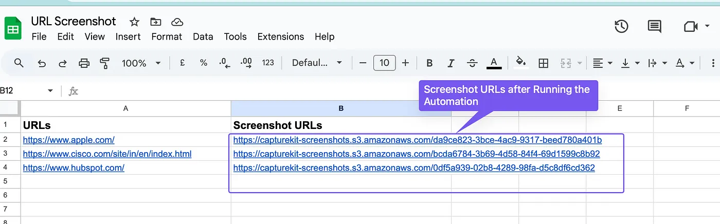 Screenshot URLs After Running the Automation